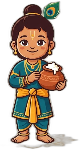Kanha, the Mathurawala mascot, a cheeky cowherd child holding a matki of makhan